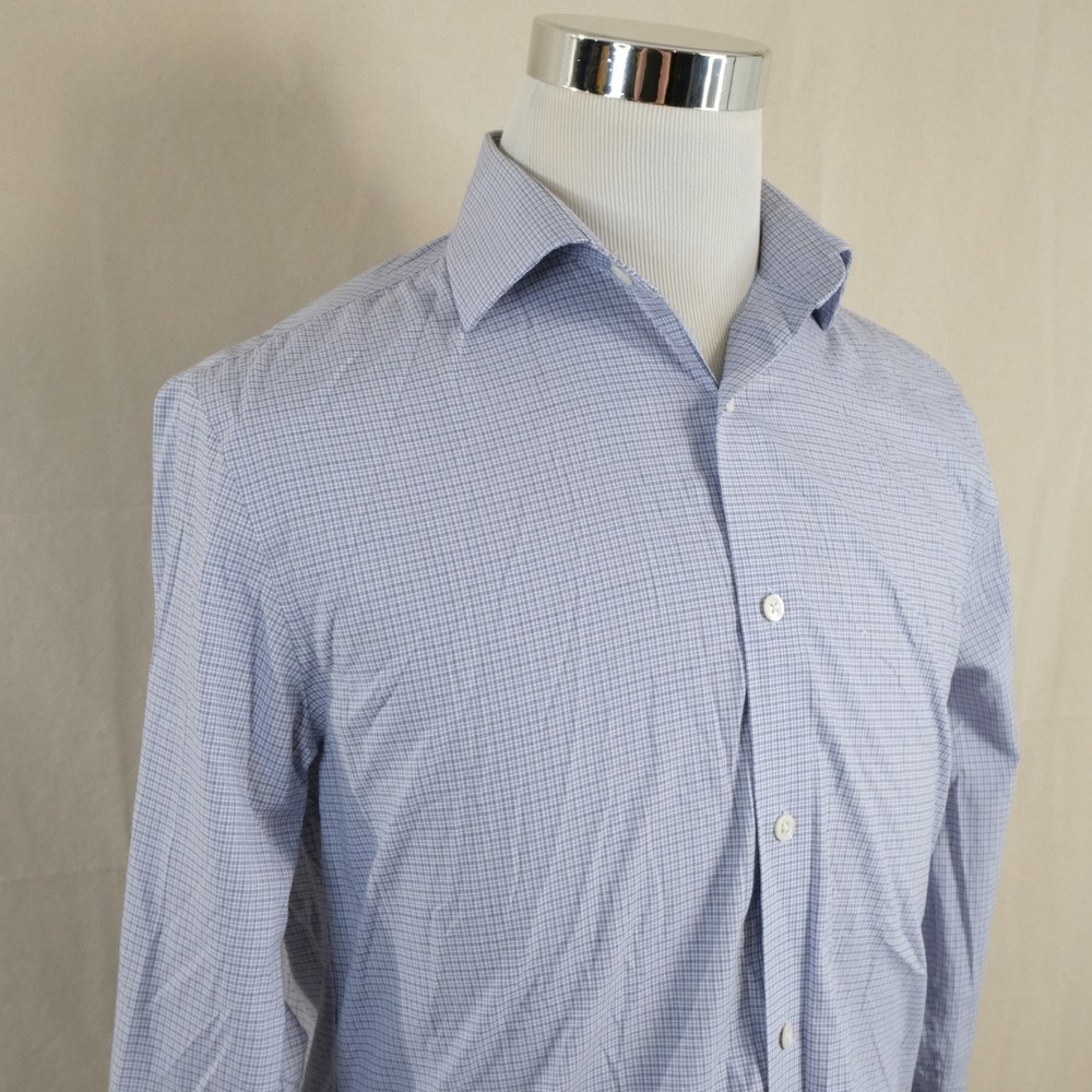 Bonobos 15.5 35 Slim Fit Dress Shirt Blue Micro Check Cotton Blend Formal Mens